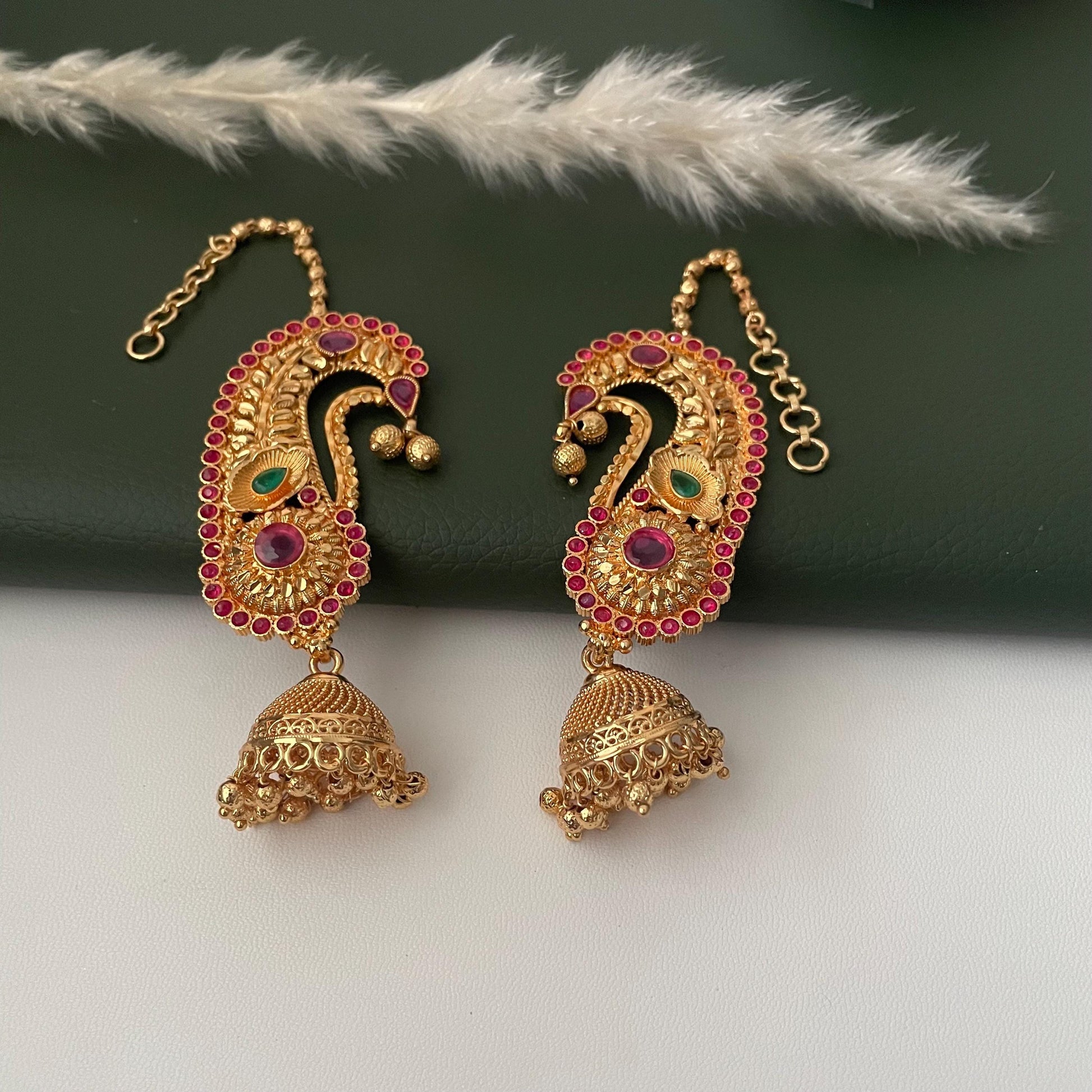 Gold Plated Jhumka Ear Cuffs: Indian Peacock Earrings