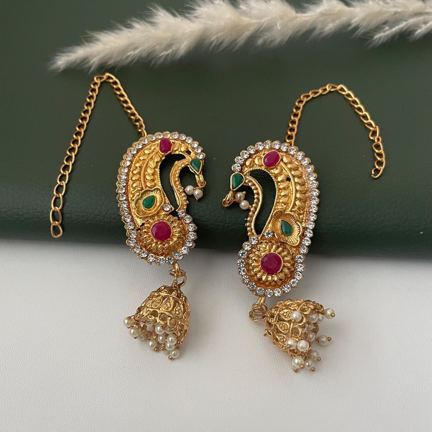 Gold Plated Jhumka Ear Cuffs: Indian Peacock Earrings
