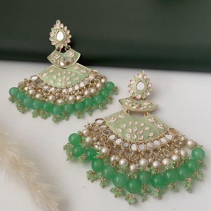 Mint color Minakari Pearl and mint beads Jhumka Earrings: Indian Bollywood Jewelry