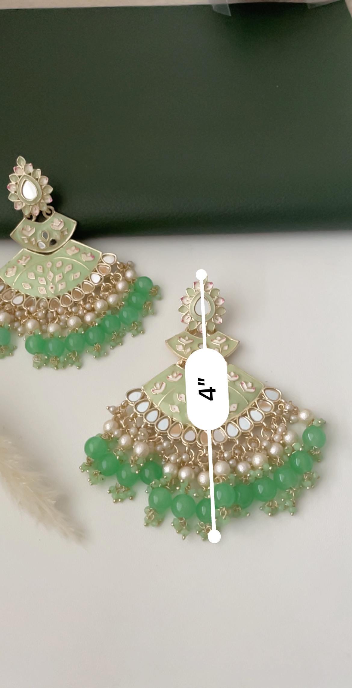 Mint color Minakari Pearl and mint beads Jhumka Earrings: Indian Bollywood Jewelry