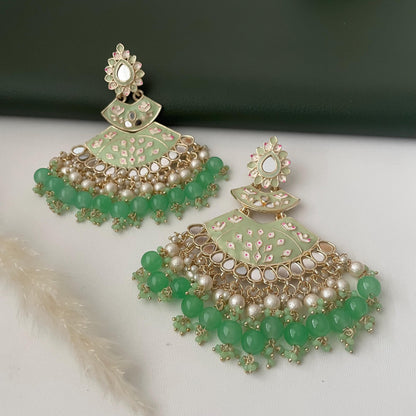 Mint color Minakari Pearl and mint beads Jhumka Earrings: Indian Bollywood Jewelry