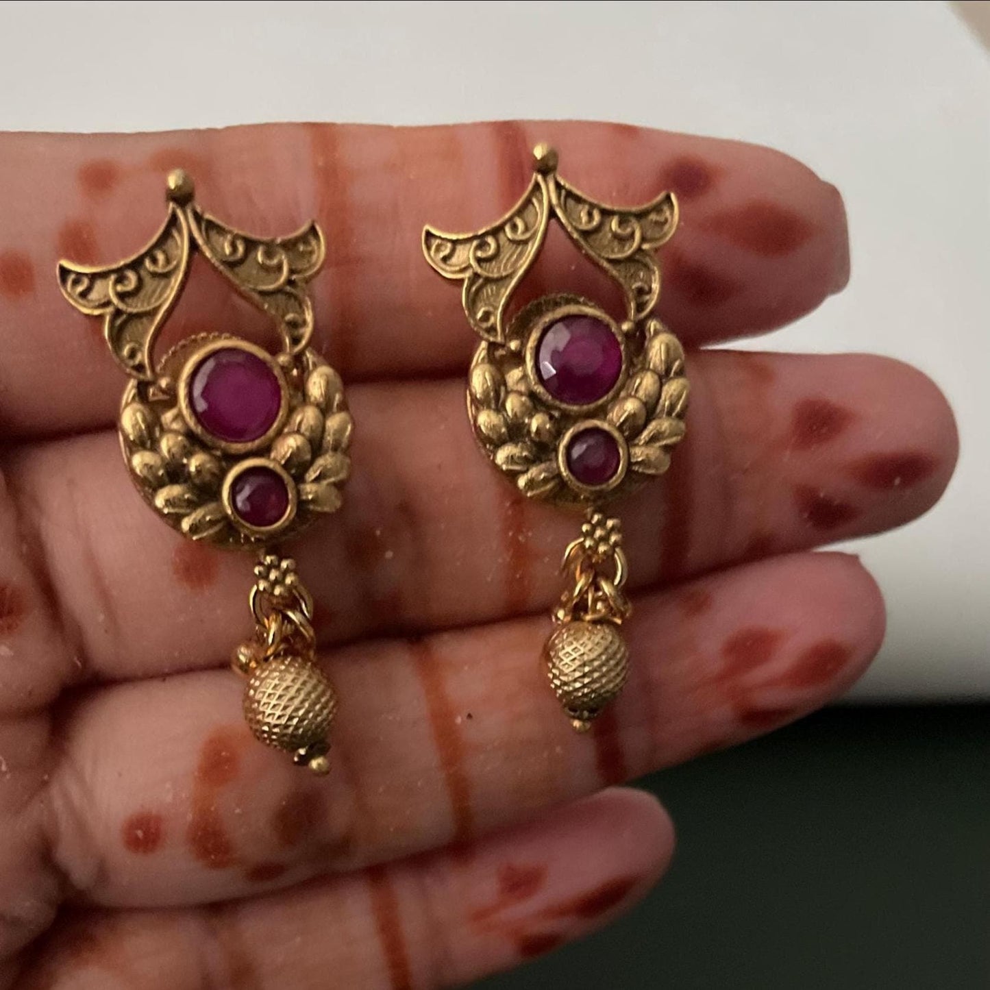 Traditional antique gold plated kemp stone temple mangalsutra with earrings