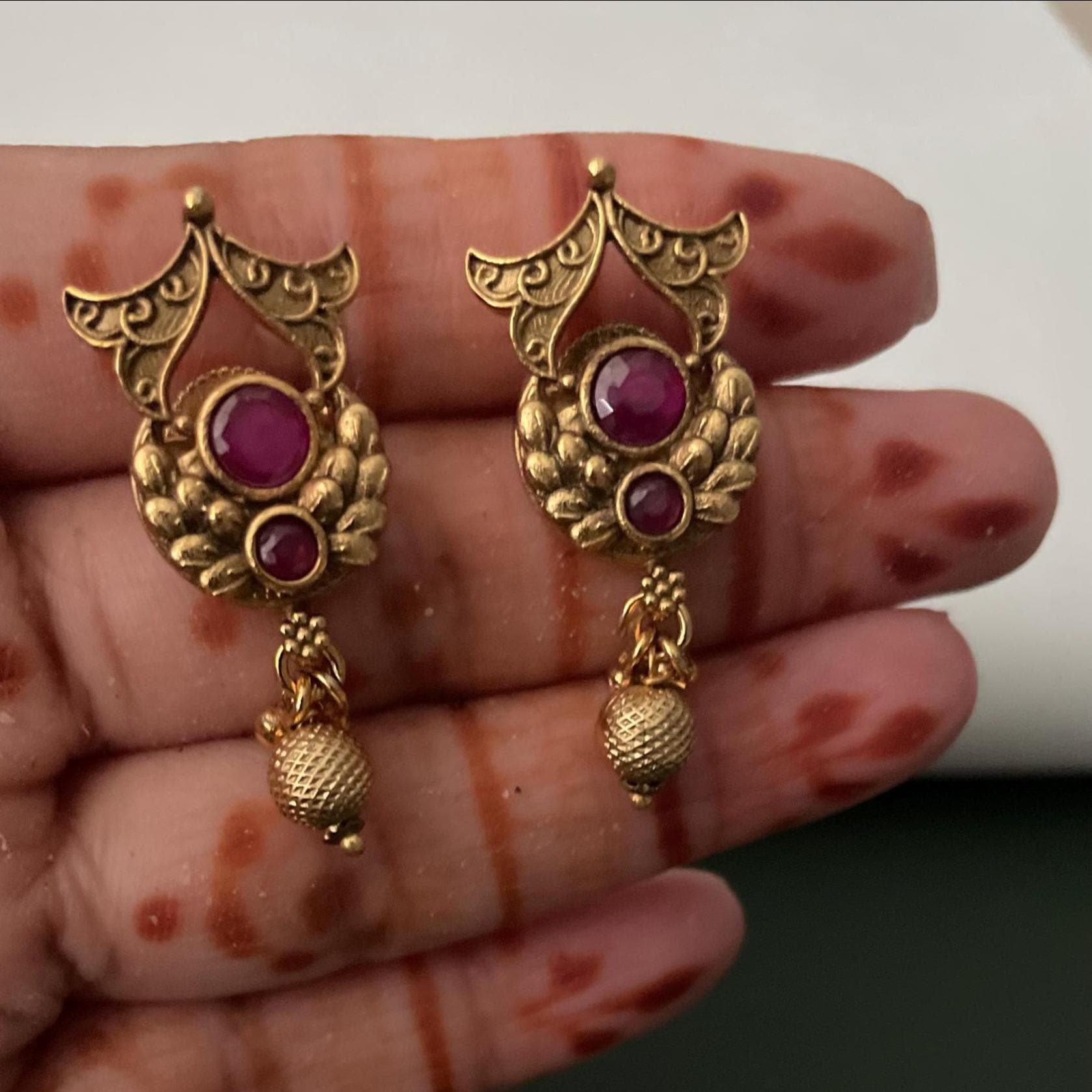 Traditional antique gold plated kemp stone temple mangalsutra with earrings