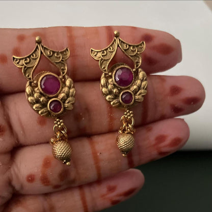 Traditional antique gold plated kemp stone temple mangalsutra with earrings