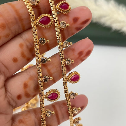 Gold plated bridal payal anklets in Ruby Green and lct