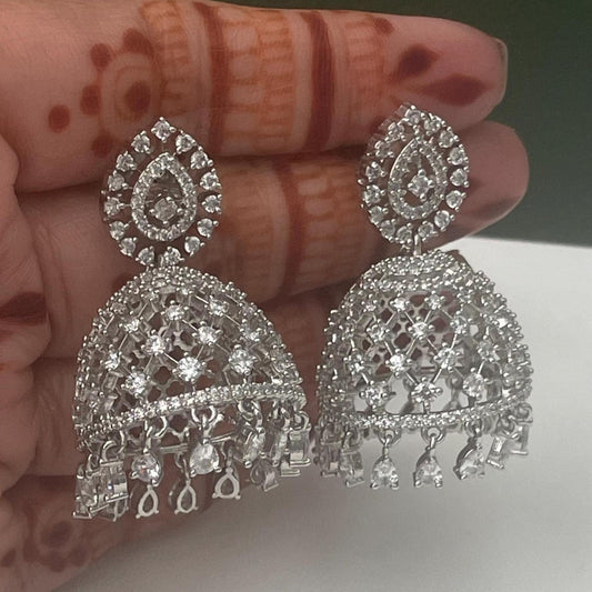 Cubic Zirconia Jhumki Earrings: Indian Bollywood Style, Gold Plated Hoops