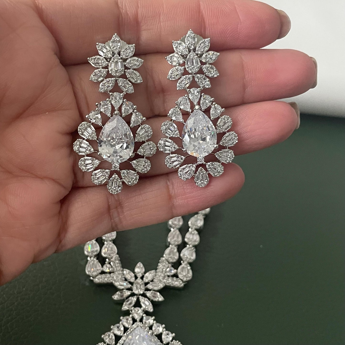 Cubic Zirconia Bridal Necklace Set: Rhodium Plated, Elegant Jewelry