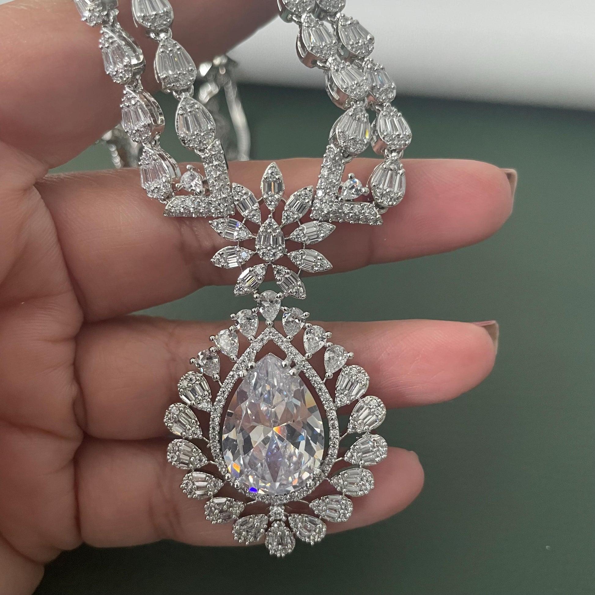 Cubic Zirconia Bridal Necklace Set: Rhodium Plated, Elegant Jewelry