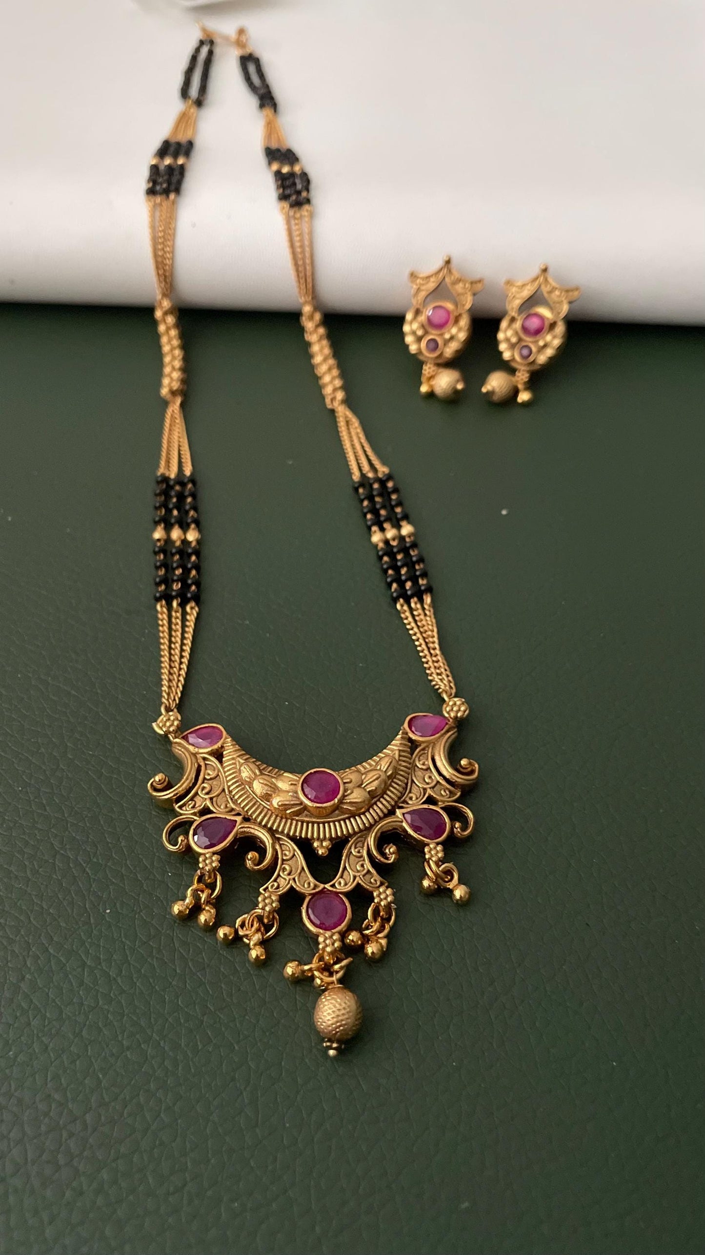 Traditional antique gold plated kemp stone temple mangalsutra with earrings