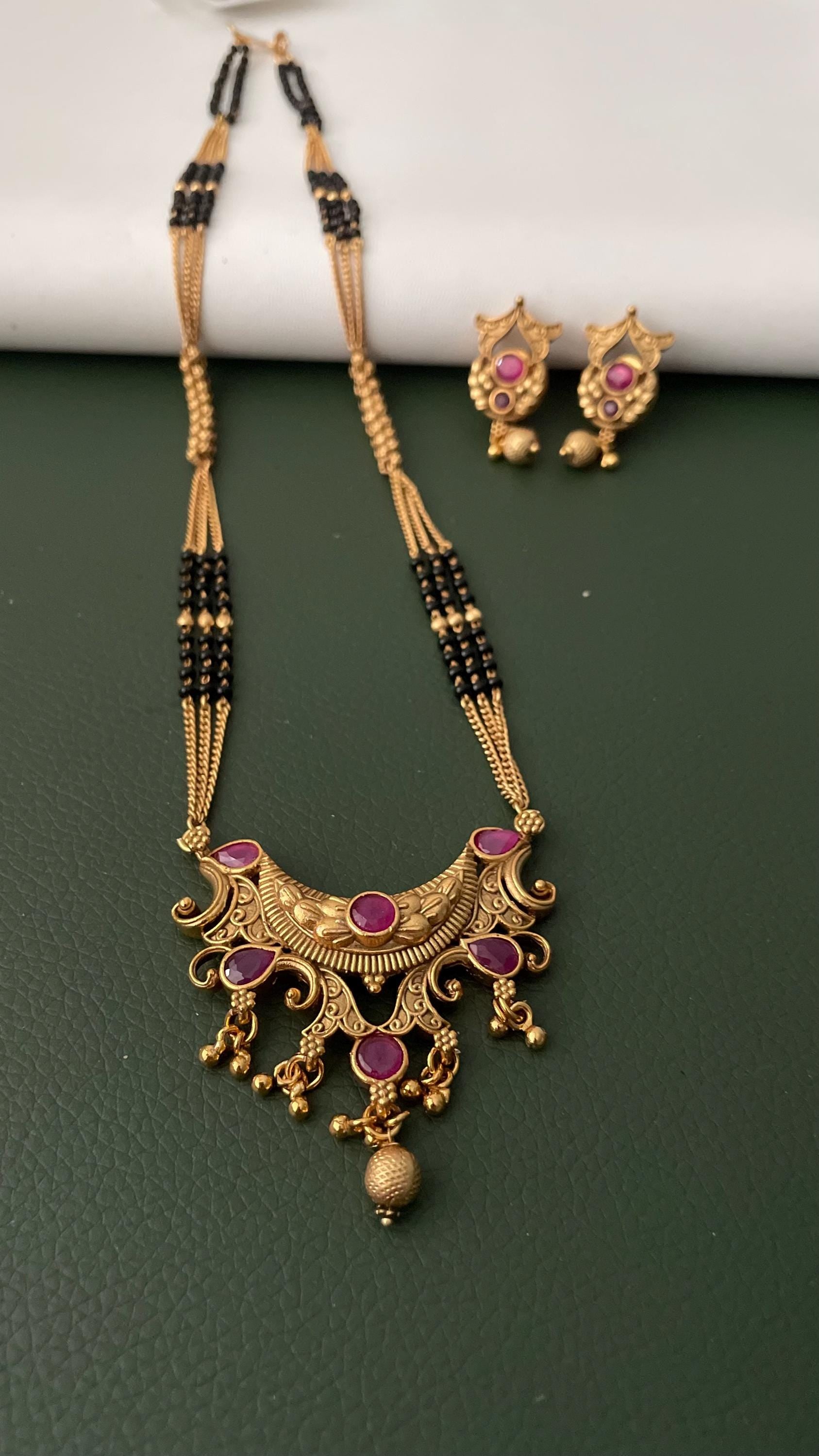 Traditional antique gold plated kemp stone temple mangalsutra with earrings