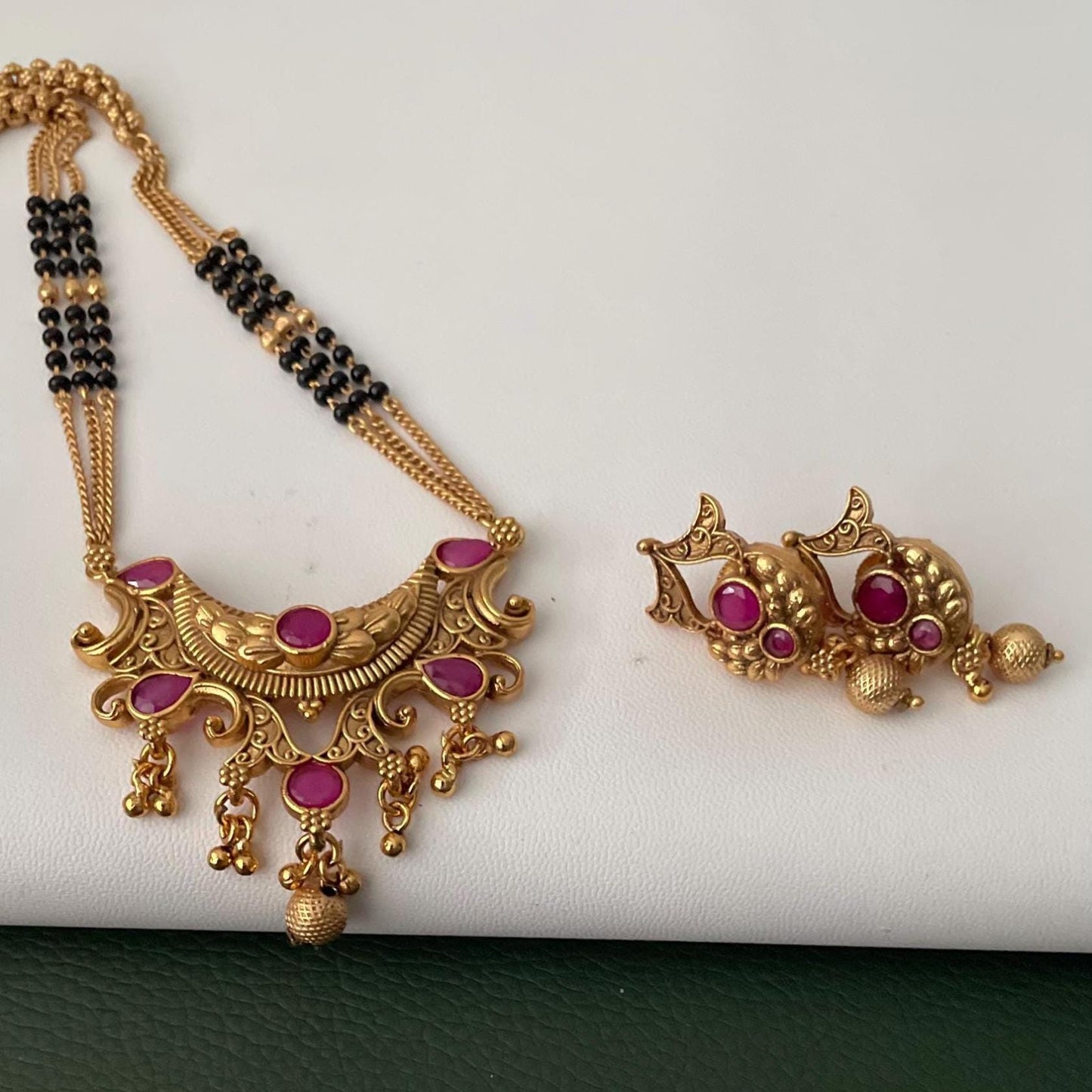 Traditional antique gold plated kemp stone temple mangalsutra with earrings
