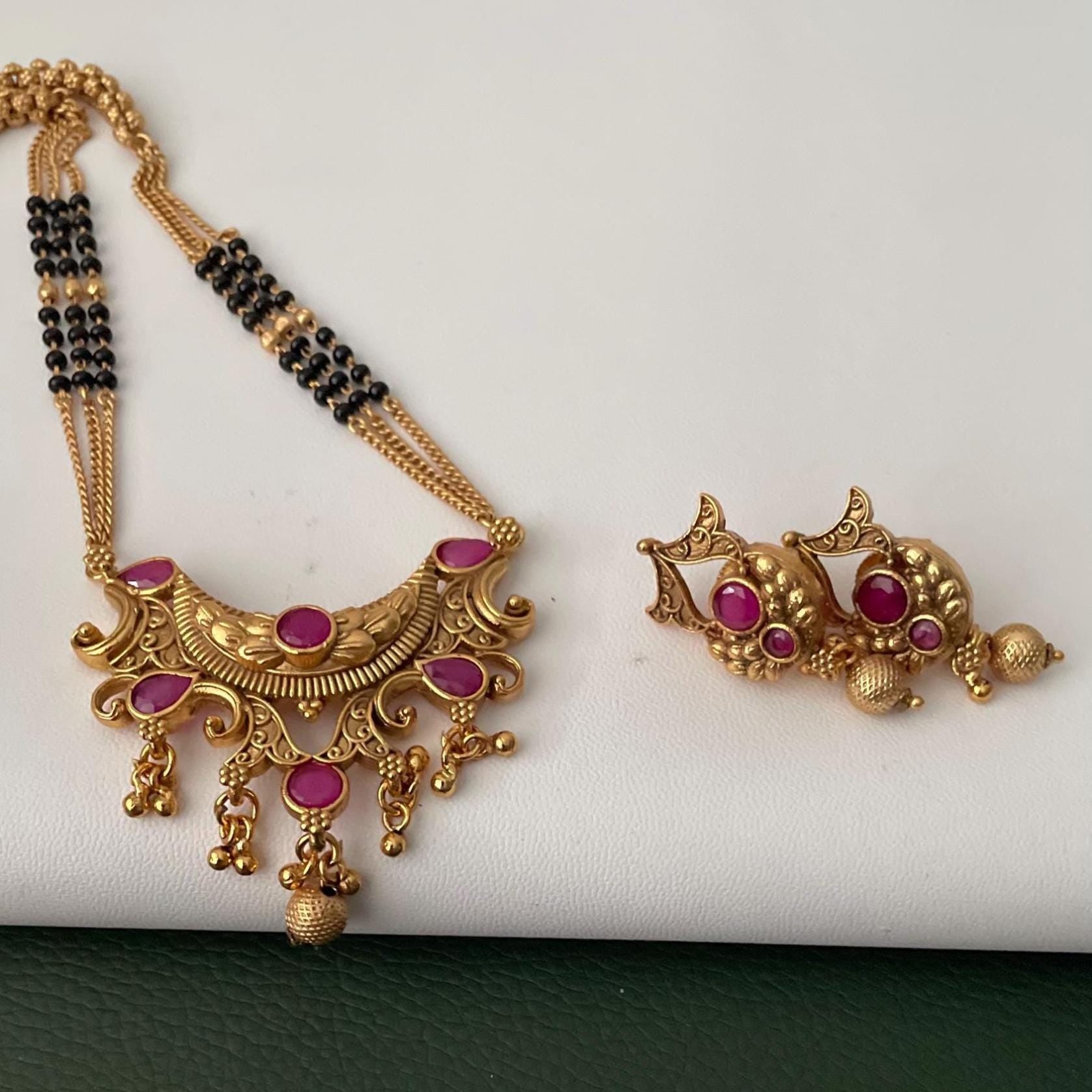 Traditional antique gold plated kemp stone temple mangalsutra with earrings