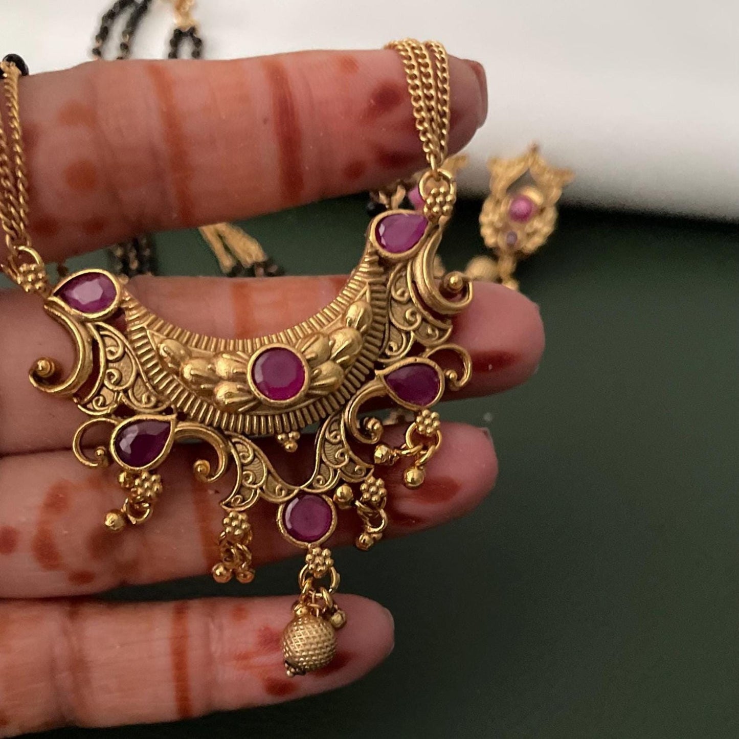 Traditional antique gold plated kemp stone temple mangalsutra with earrings