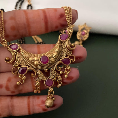 Traditional antique gold plated kemp stone temple mangalsutra with earrings
