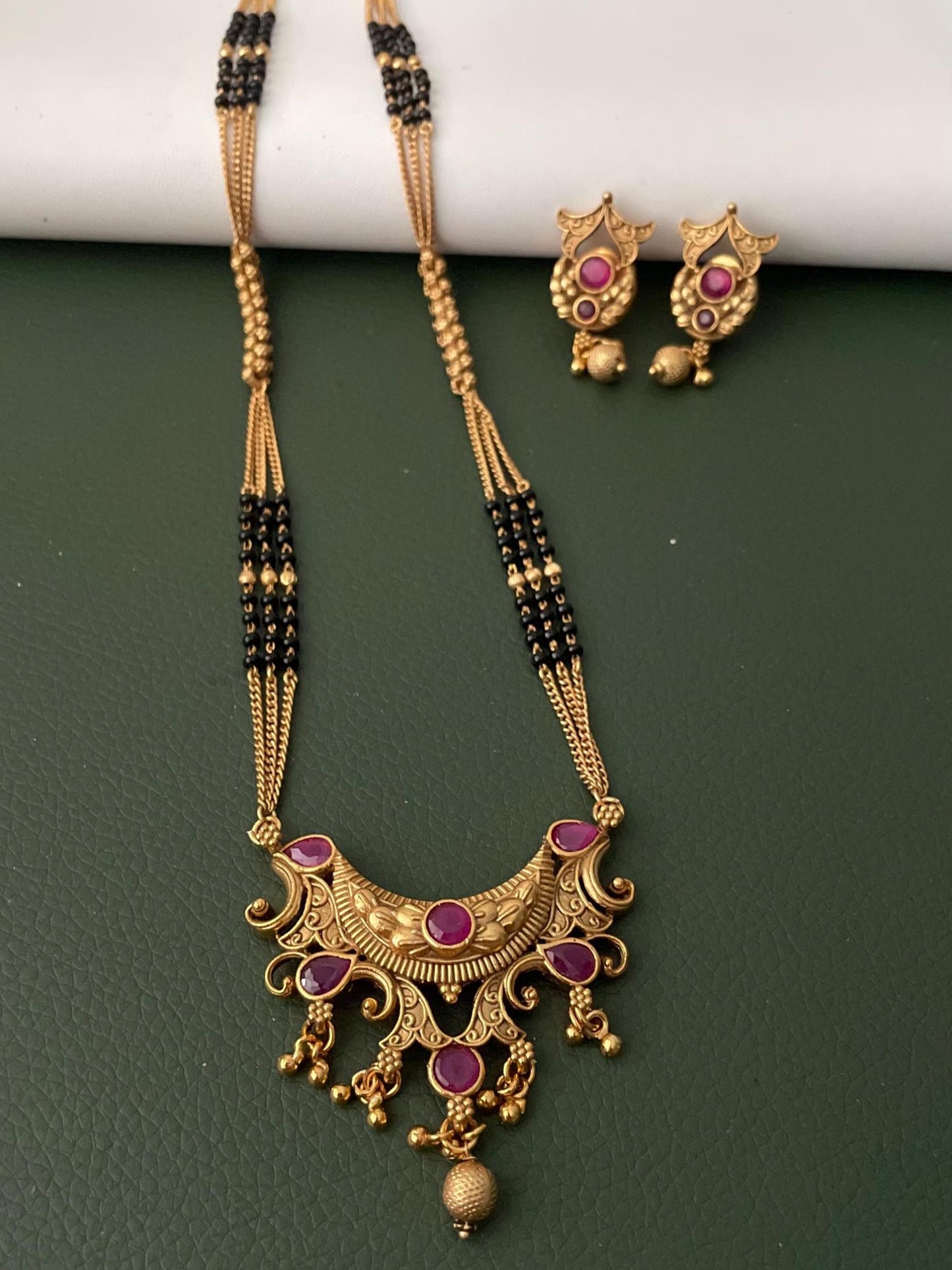 Traditional antique gold plated kemp stone temple mangalsutra with earrings