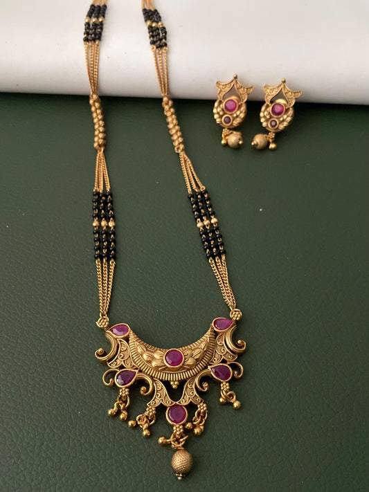 Traditional antique gold plated kemp stone temple mangalsutra with earrings