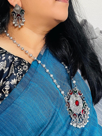 Oxidized Multicolor Necklace Earring Set: Vibrant Pendant, Garba Jewelry