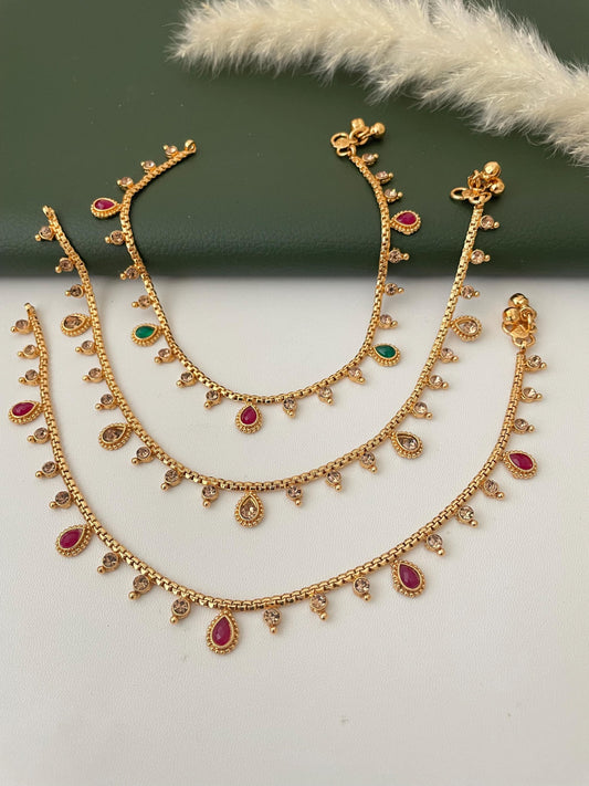 Gold plated bridal payal anklets in Ruby Green and lct