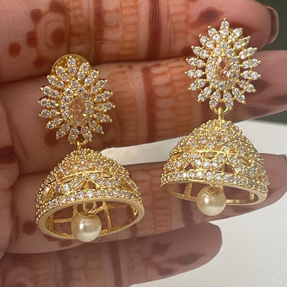 Cubic Zirconia Jhumki Earrings: Indian Bollywood Style, Gold Plated Hoops