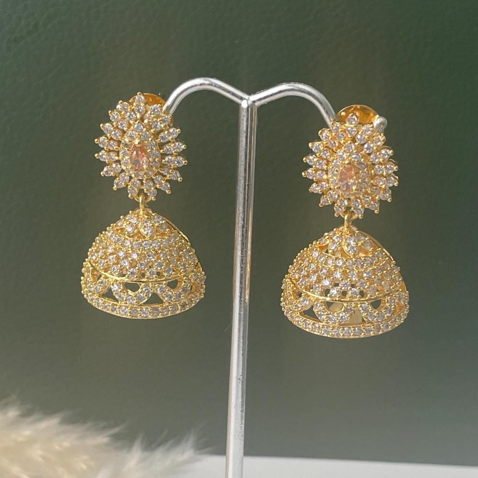 Cubic Zirconia Jhumki Earrings: Indian Bollywood Style, Gold Plated Hoops