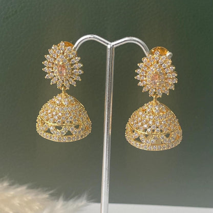 Cubic Zirconia Jhumki Earrings: Indian Bollywood Style, Gold Plated Hoops