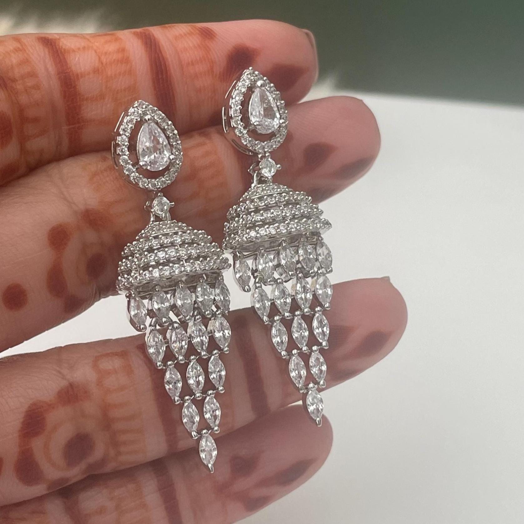 Cubic Zirconia Jhumki Earrings: Indian Bollywood Style, Gold Plated Hoops