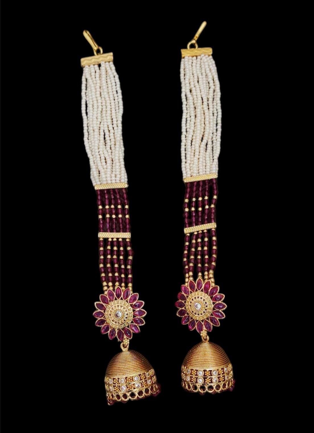 Gold Plated Jhumki Earrings with Ear Chain: Bridal Jewelry