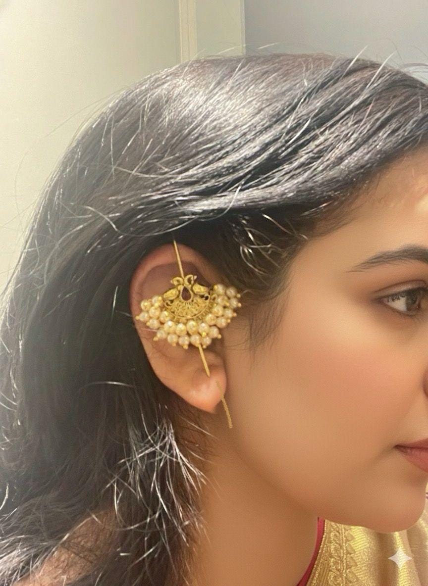 Trendy pearl gold plated needle Earcuffs