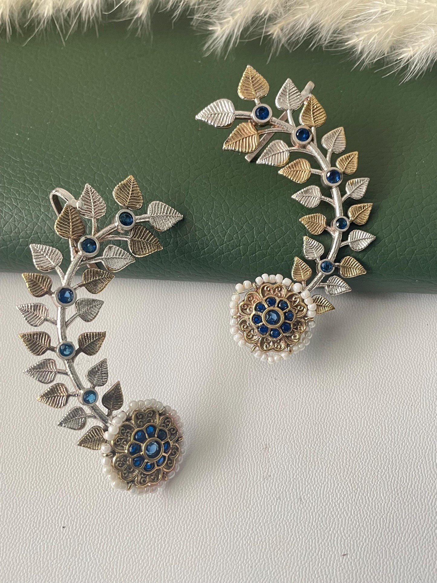 Dual tone oxidized silver lookalike EarCuffs: Statement Party Earrings