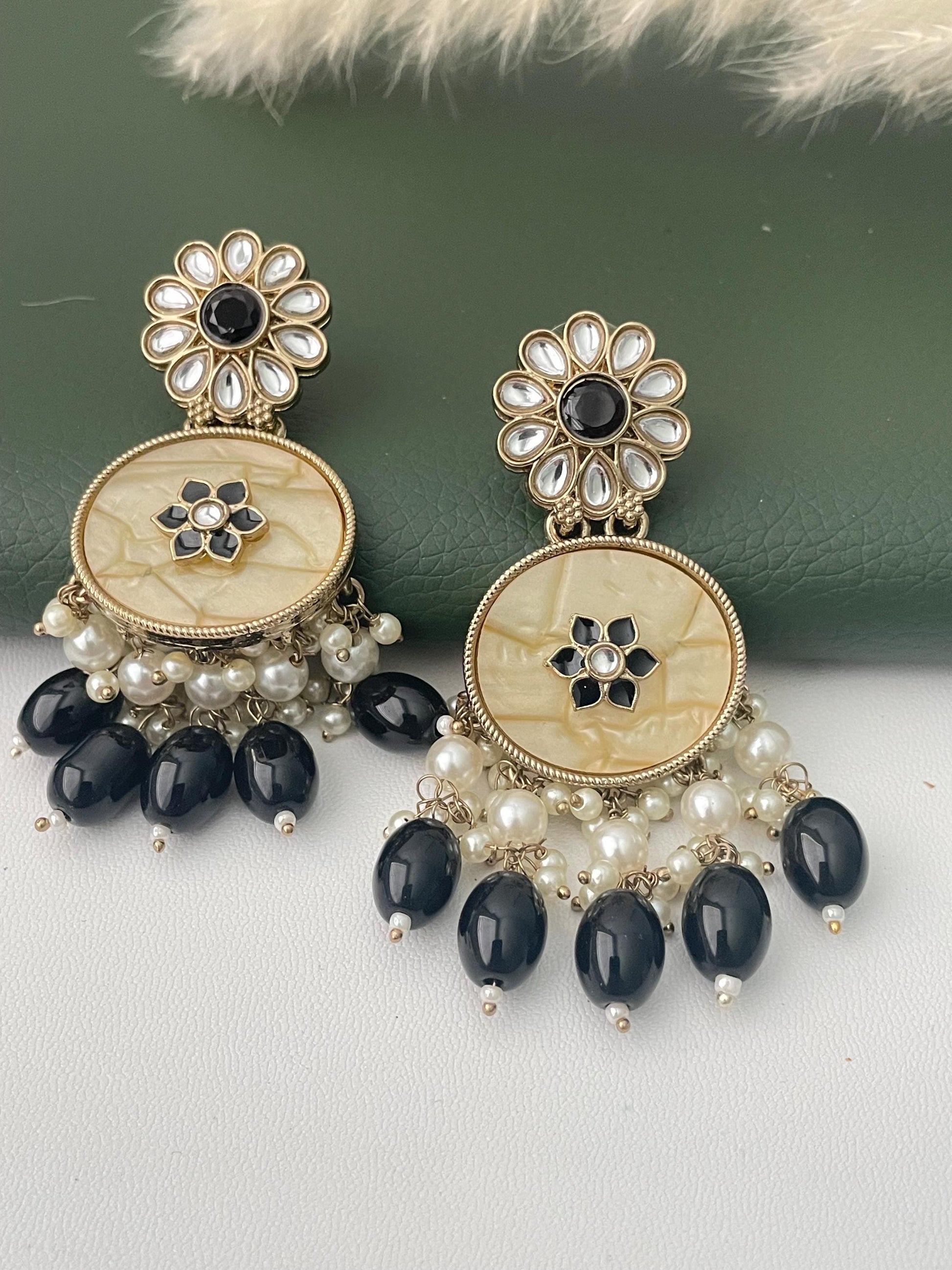 Kundan teal black or maroon beads earrings