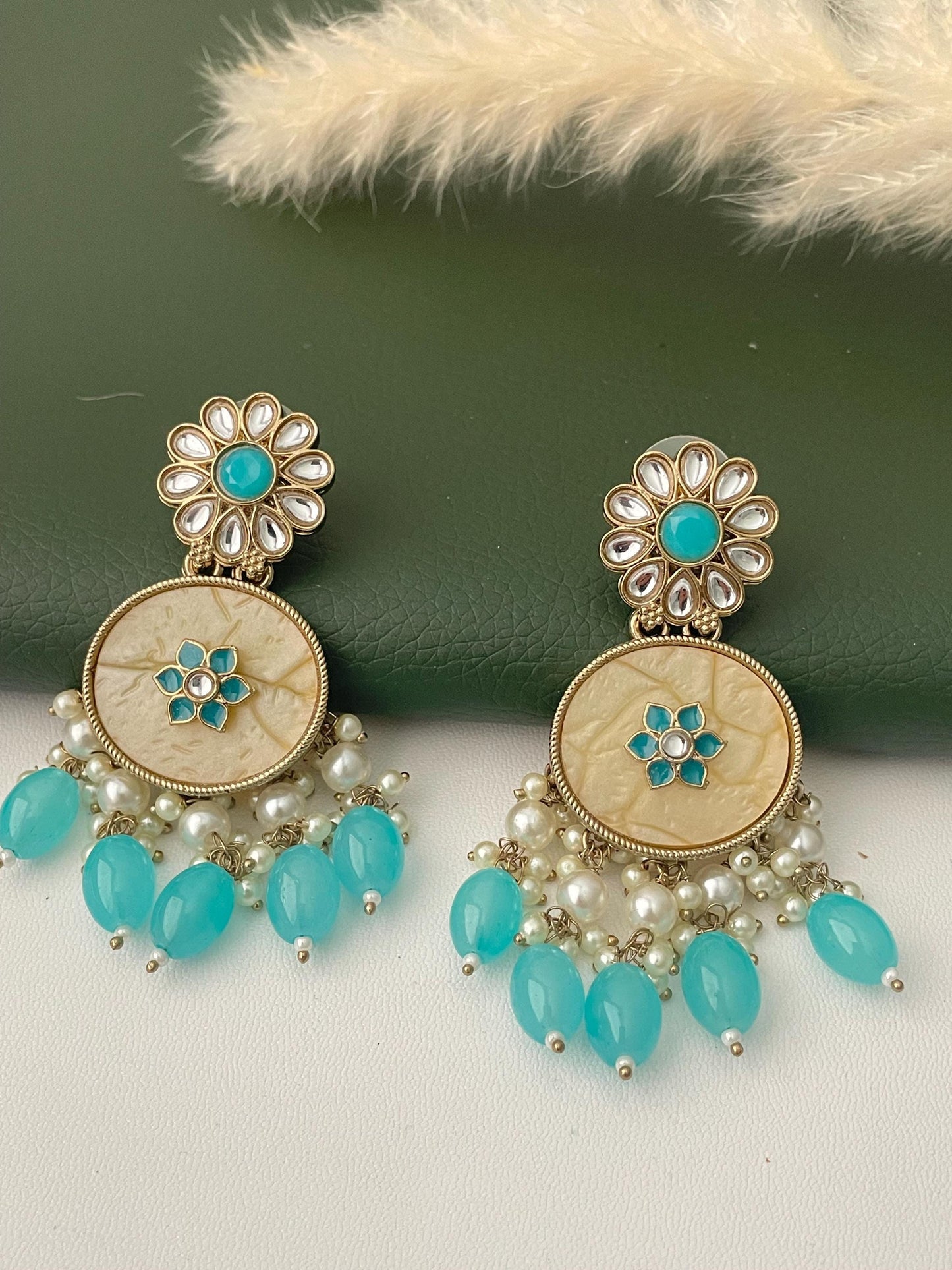 Kundan teal black or maroon beads earrings
