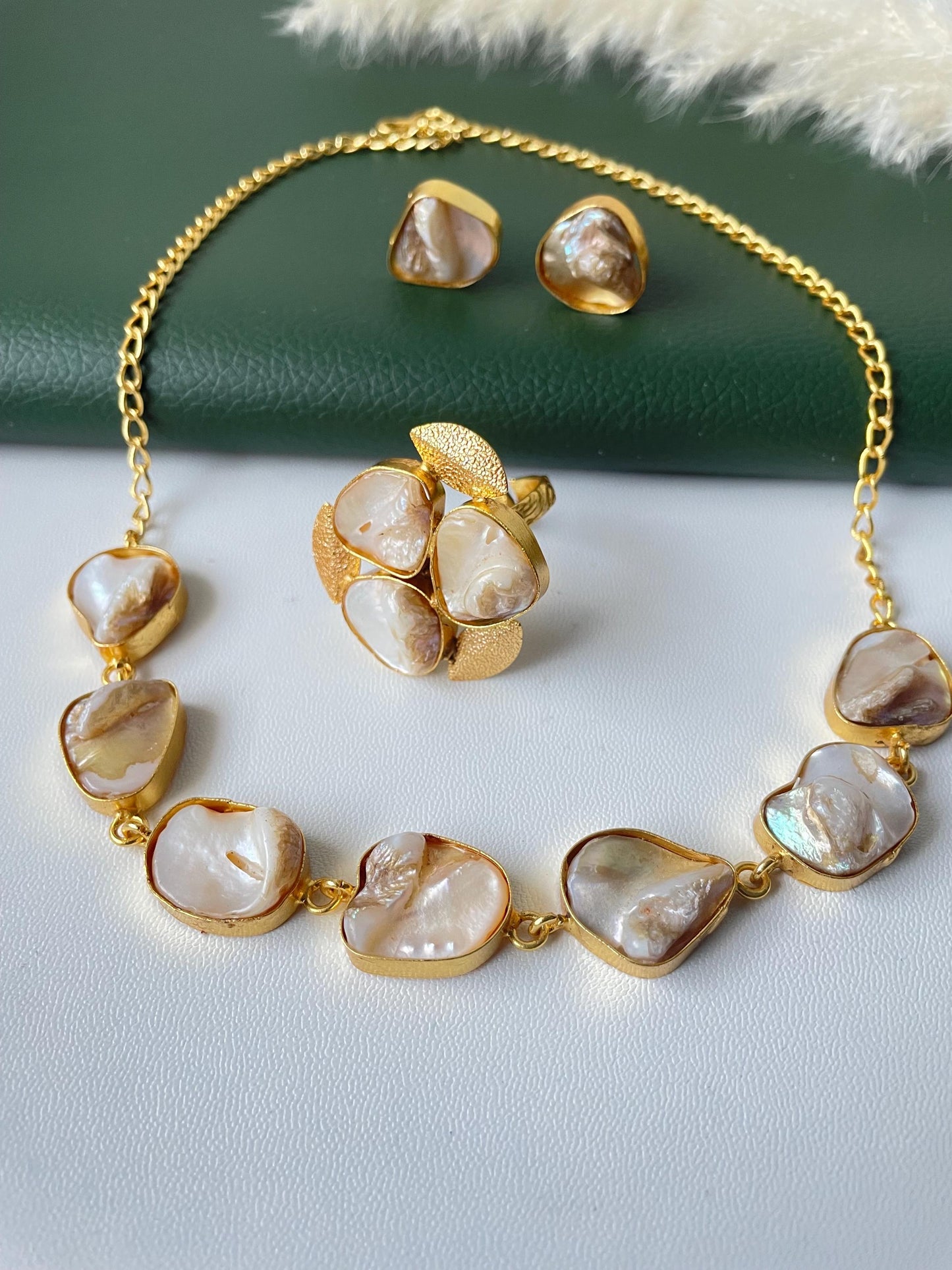 Unfinished mother of pearl necklace earring and ring set