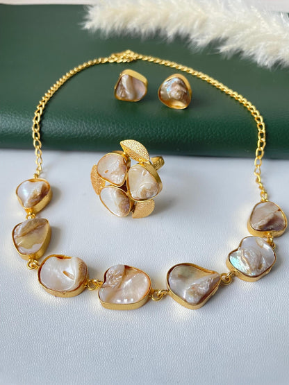 Unfinished mother of pearl necklace earring and ring set