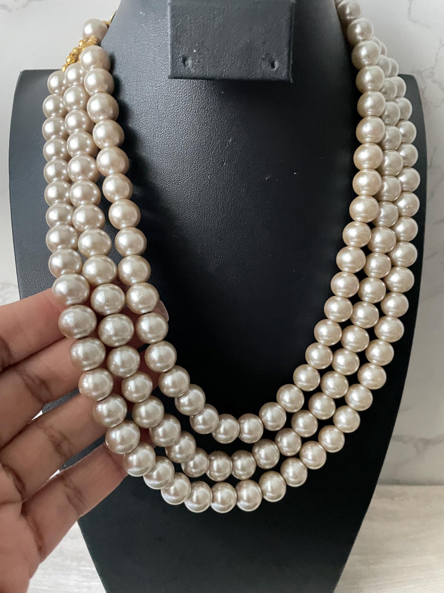 Ivory Pearl Necklace Set: Three-Strand Faux Pearl, 18 Inch