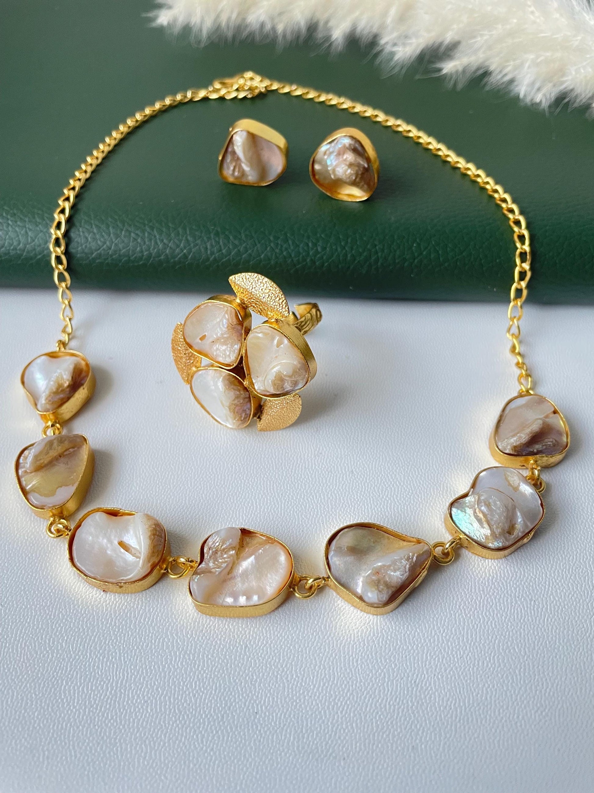 Unfinished mother of pearl necklace earring and ring set