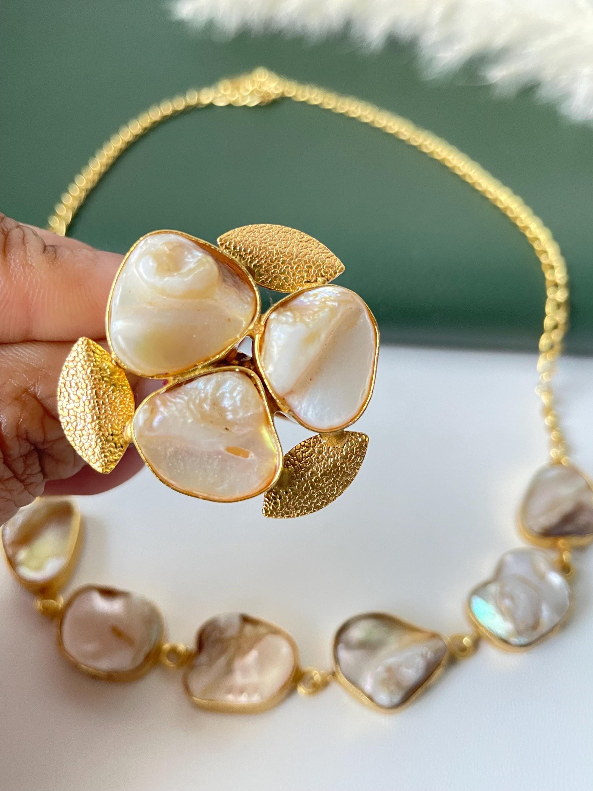 Unfinished mother of pearl necklace earring and ring set