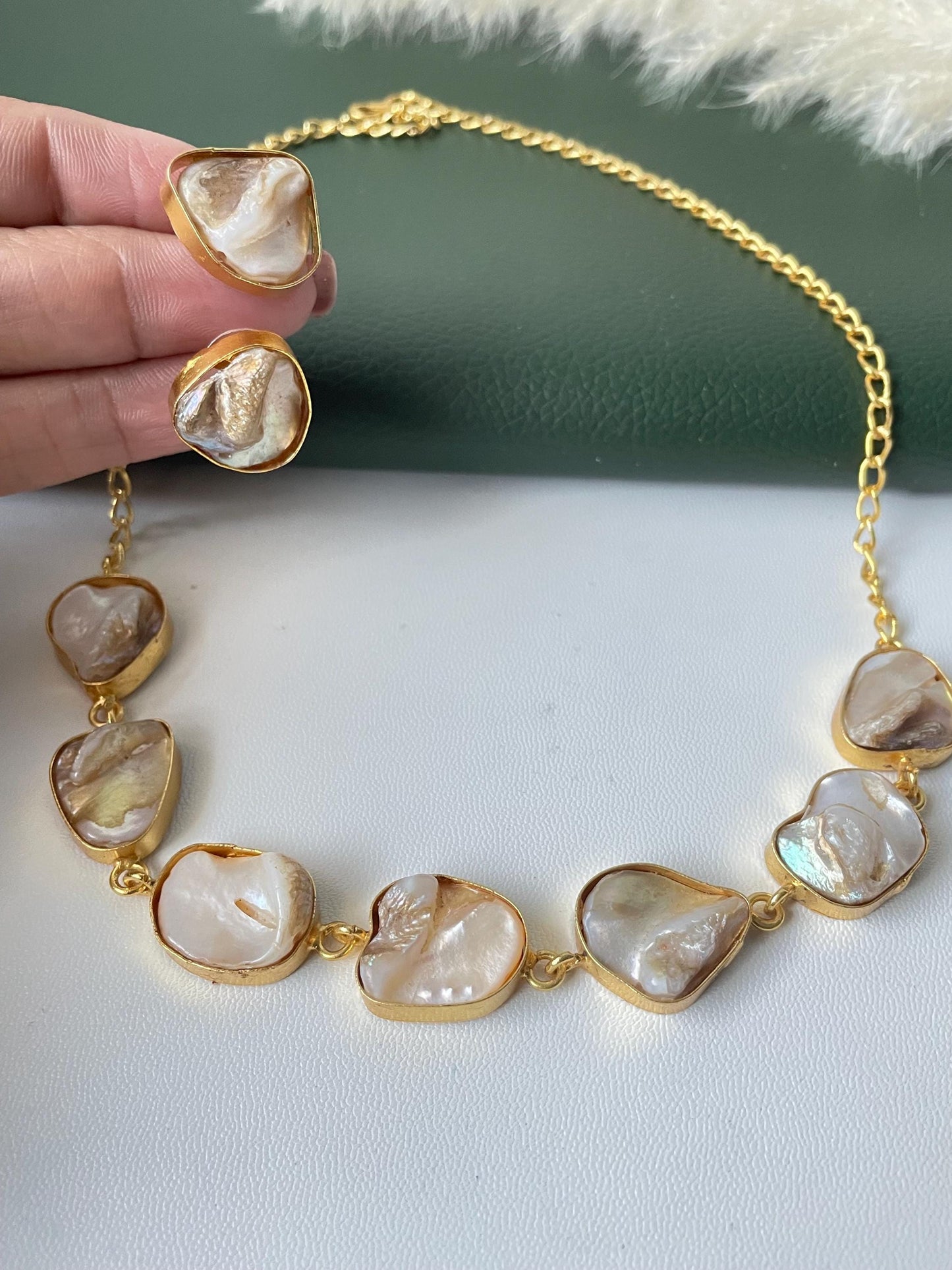 Unfinished mother of pearl necklace earring and ring set