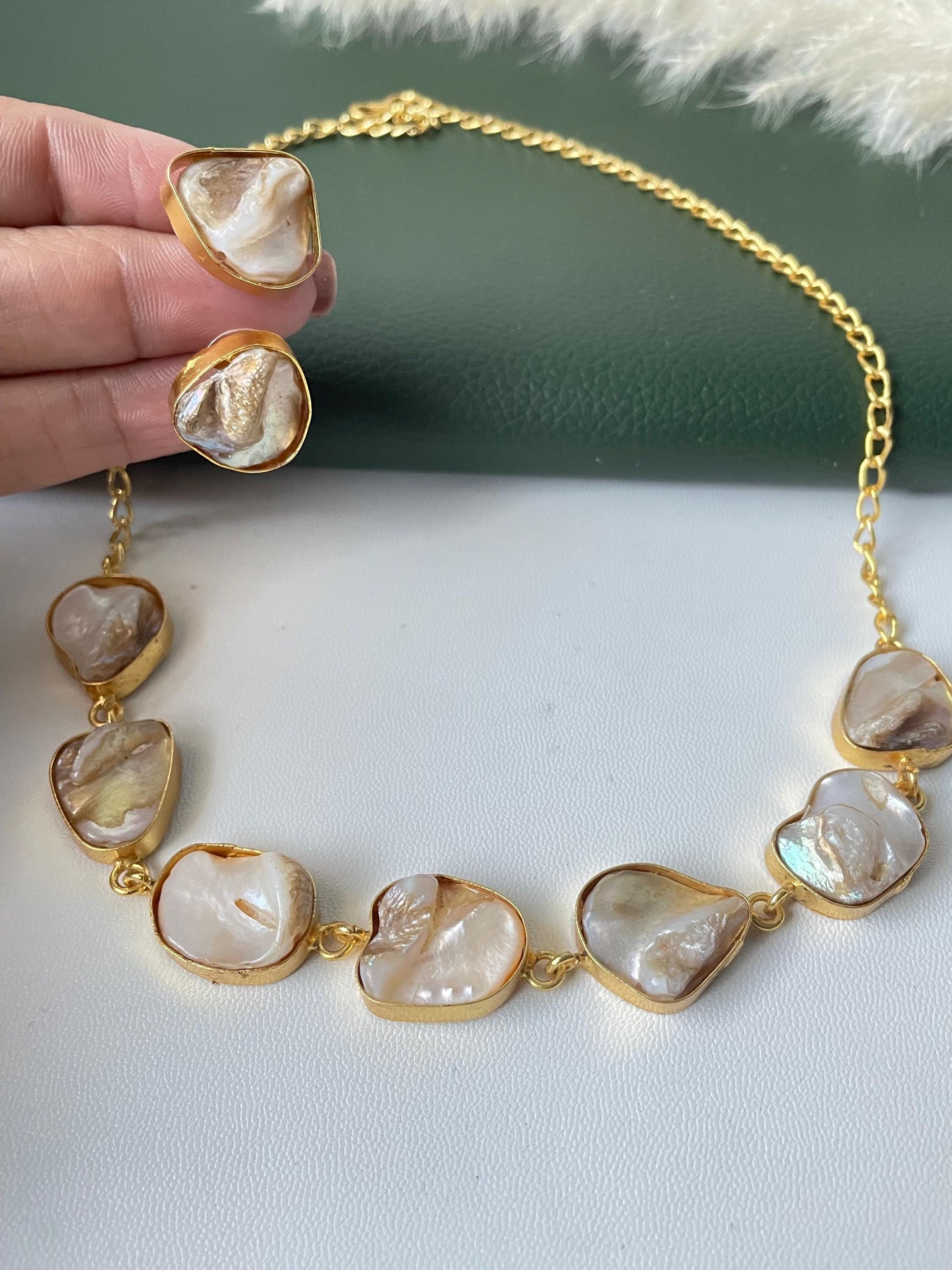 Unfinished mother of pearl necklace earring and ring set