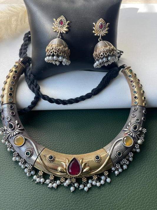 Dual tone Oxidised hasli necklace with multicolor stone and faux pearls