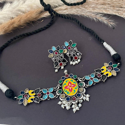 Oxidized Hand-Painted Choker Set: Colorful Stone Necklace
