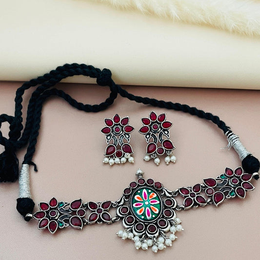 Oxidized Hand-Painted Choker Set: Colorful Stone Necklace