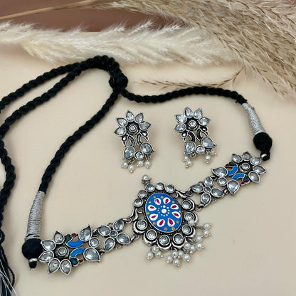 Oxidized Hand-Painted Choker Set: Colorful Stone Necklace