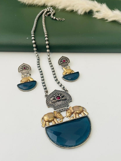 Nysaa Dual tone long necklace with Monalisa stone with matching earrings set