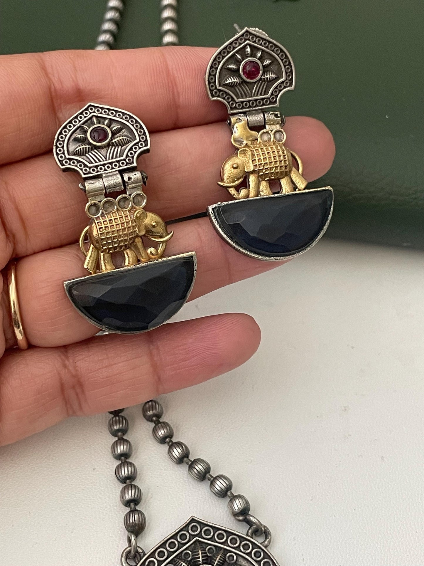 Nysaa Dual tone long necklace with Monalisa stone with matching earrings set