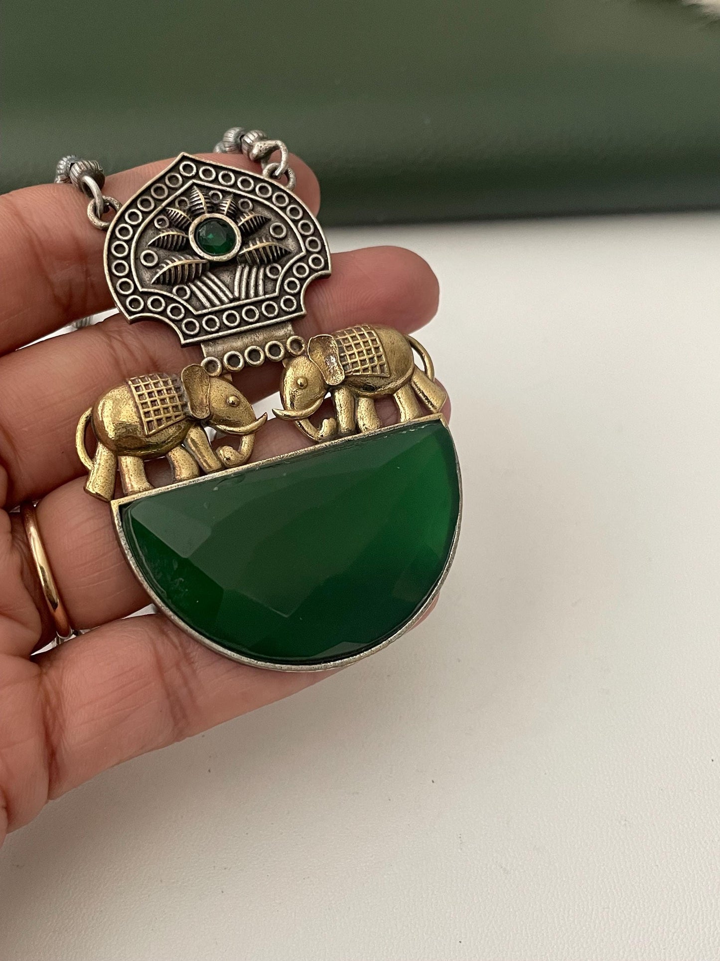 Nysaa Dual tone long necklace with Monalisa stone with matching earrings set