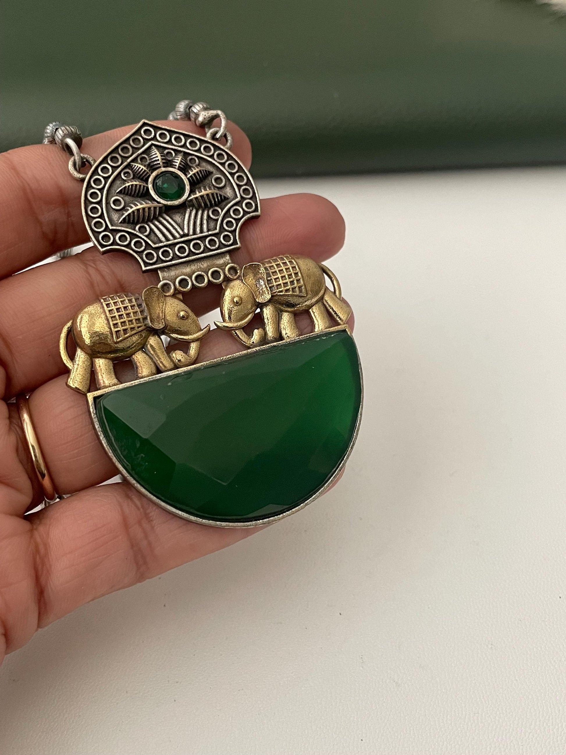 Nysaa Dual tone long necklace with Monalisa stone with matching earrings set