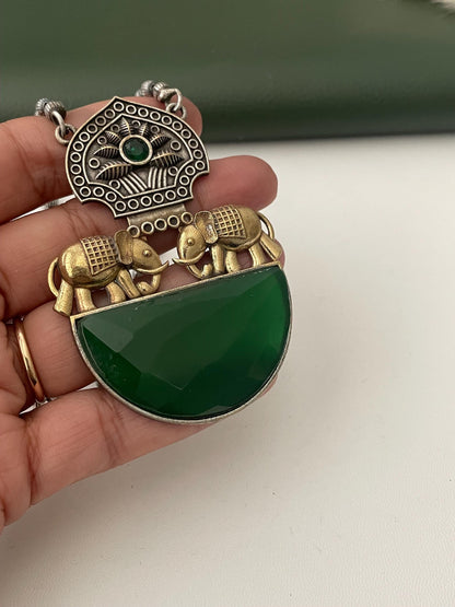 Nysaa Dual tone long necklace with Monalisa stone with matching earrings set