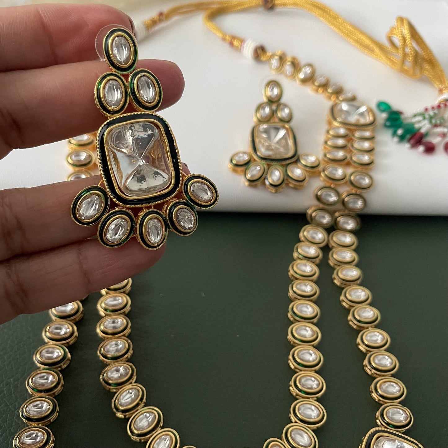 Gold Plated Kundan long layered Necklace Set: Indian Bridal Jewelry