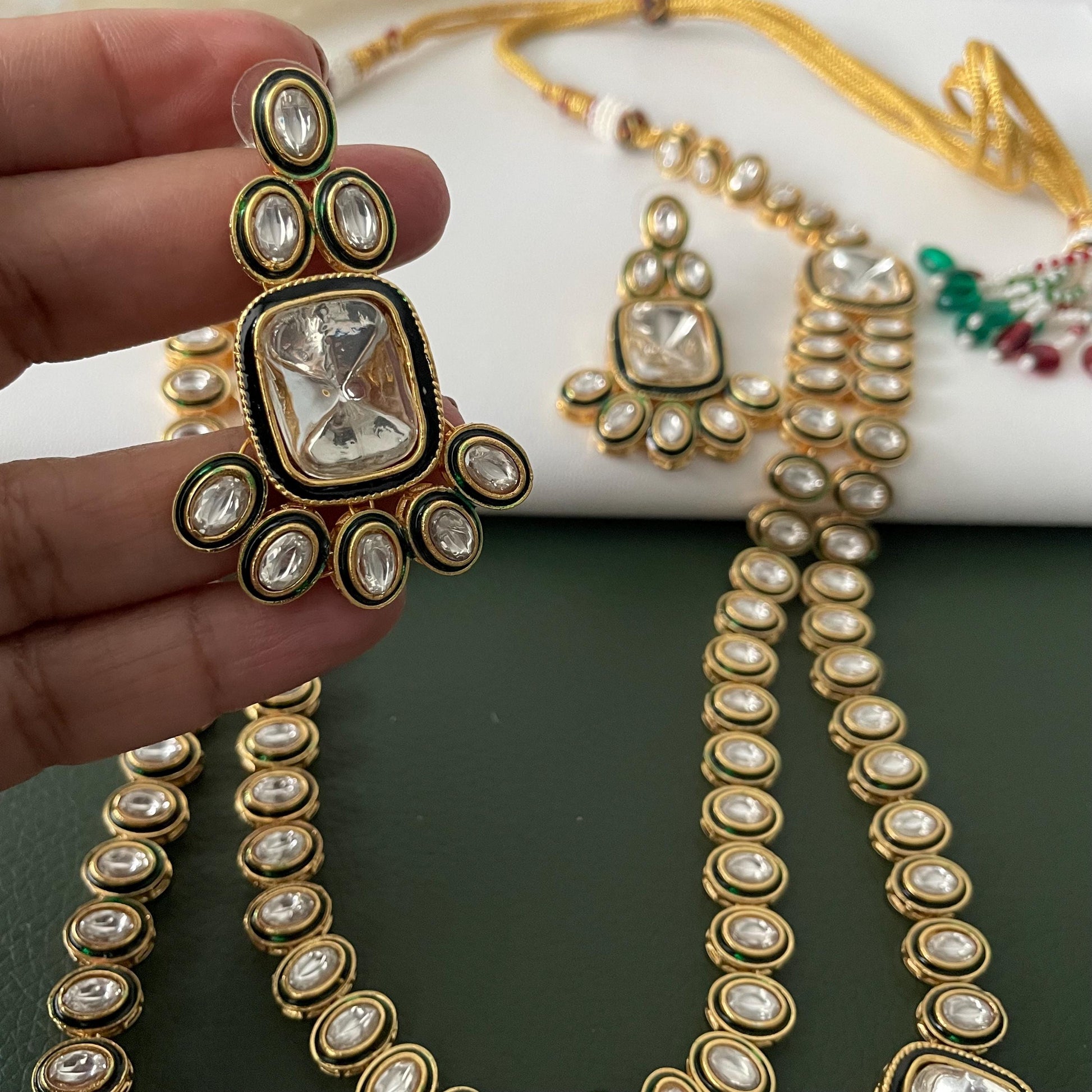 Gold Plated Kundan long layered Necklace Set: Indian Bridal Jewelry