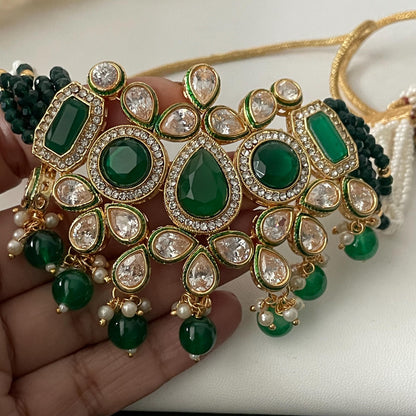 Green gold plated Kundan Choker Necklace Set or a collar neckpiece